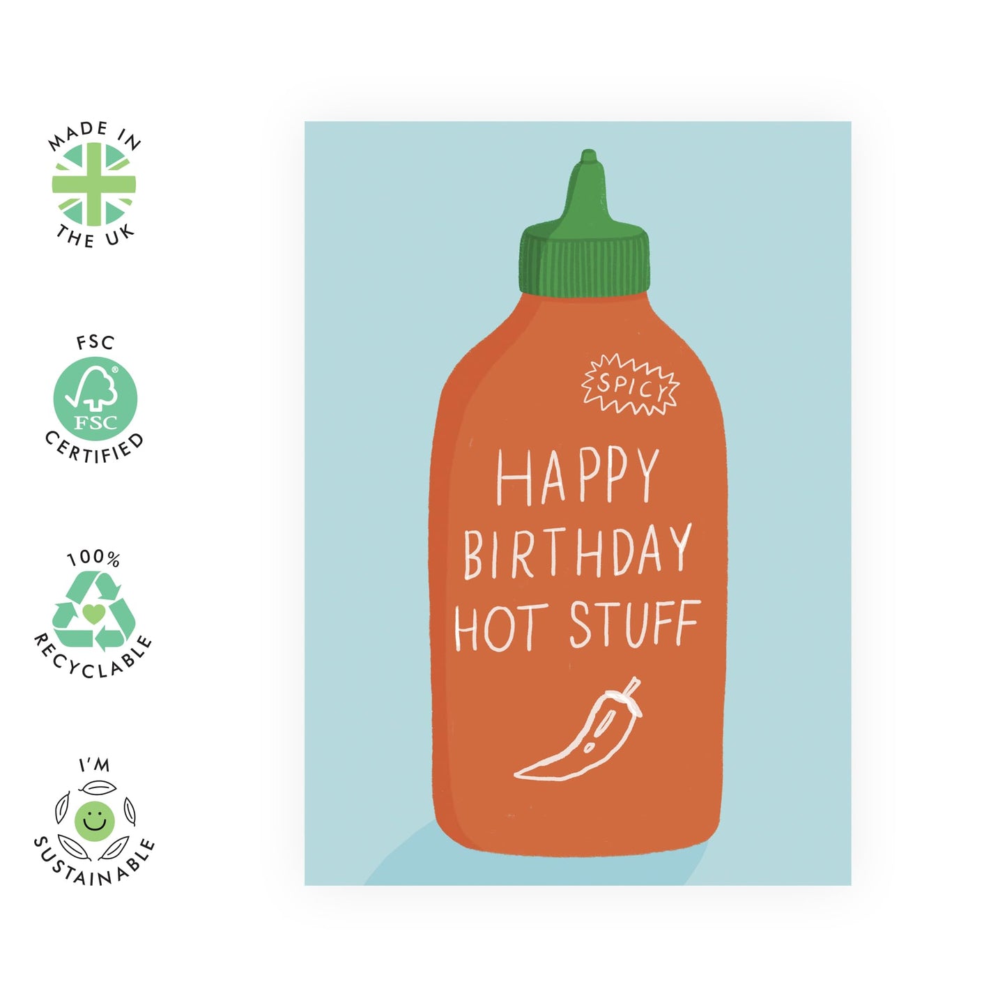 Cool Happy Birthday Card - 'Happy Birthday Hot Stuff' - Gifts for BFF, Bestie, Best Friend, Girlfriend, Boyfriend, Wife, Husband, Mate - Chili Sauce - Comes with Fun Stickers