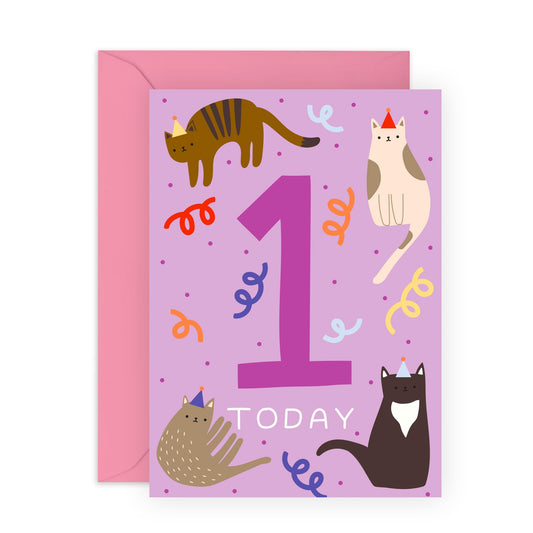 Birthday Cards For Daughter - Childrens Cats Age 1 - Happy 1st Birthday Card Niece - Cousin Cats Birthday Card - One Year Old Girl Birthday Card Toddlers - Comes With Stickers By Central 23