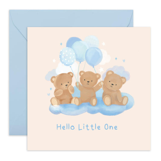 Congratulations Card - 'Hello Little One Teddy Boy' - Gifts for Babies and Parents - New Born Baby - Comes with Fun Stickers