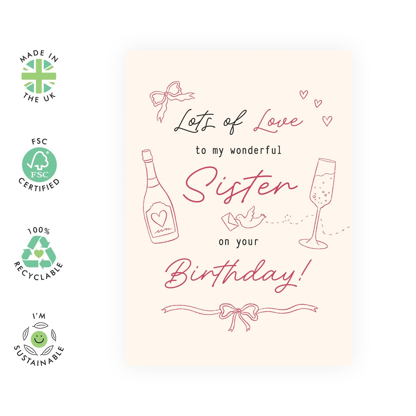 Thoughtful Birthday Card for Sister - Lots of Love - Doodle Design - Elegant and Fun Gifts for Sis, Sibling, In Law, Step Sis, Her, Ladies, Girls - Comes with Fun Stickers and Pink Envelope
