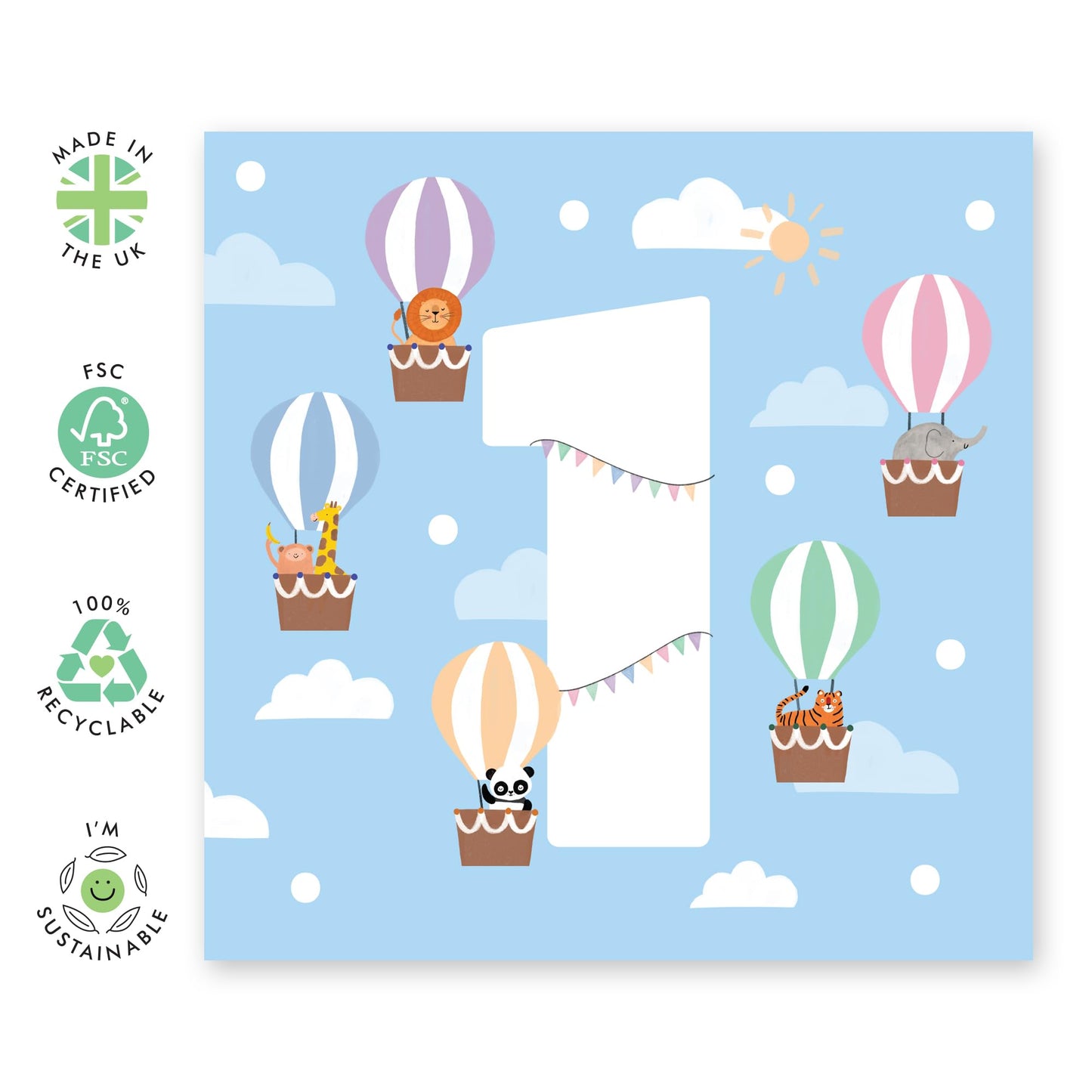 Cute Animals First Birthday Card for Babies - 'Hot Air Balloons One' - Gifts for Nephew, Niece, Grandchildren, Toddler, Children, Boys, Girls - 1 Year Old - Comes with Fun Stickers
