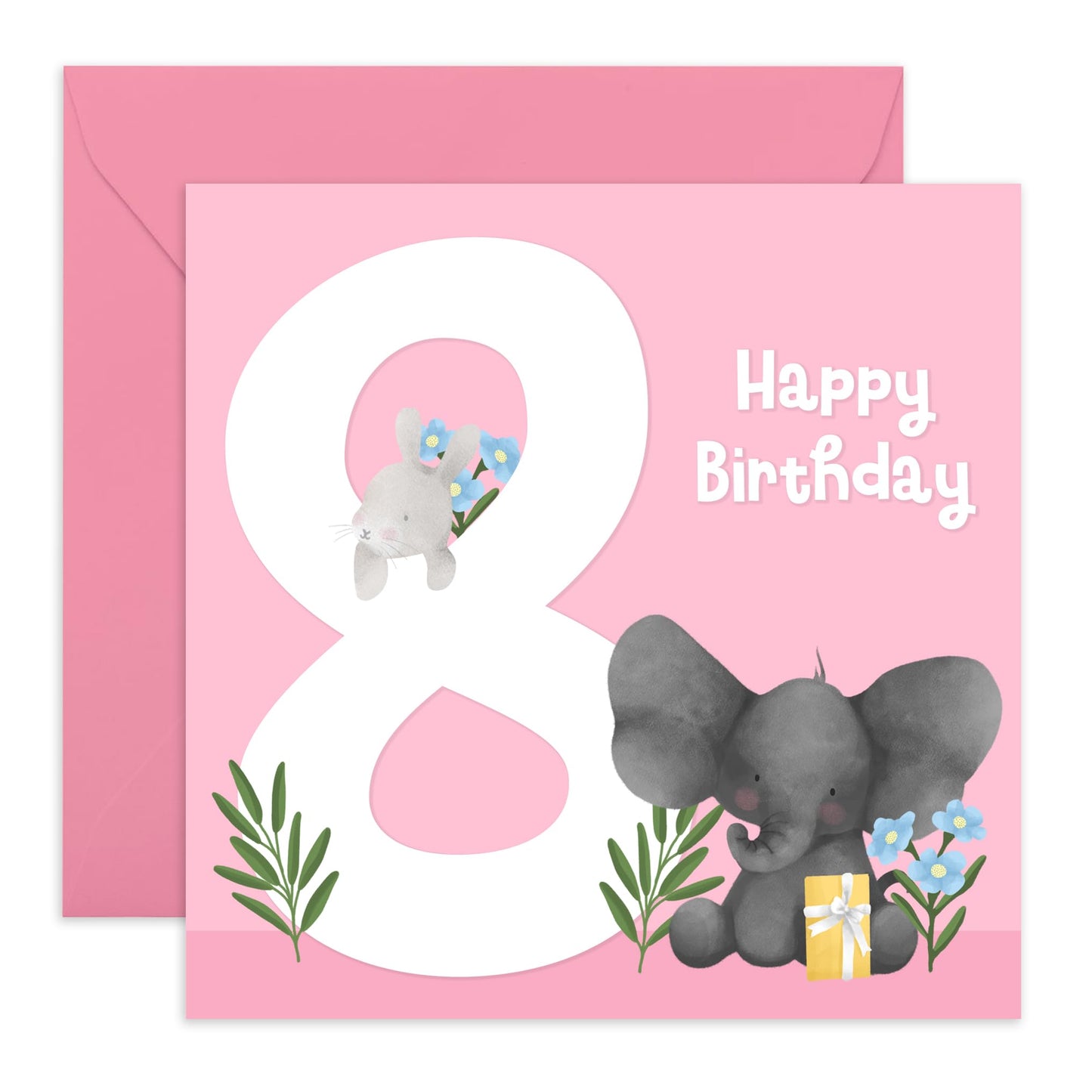 8th Birthday Card For Girls - Cute Animals Elephant - Birthday Card For Kids - Eighth Year Old Gifts For Toddler Niece Granddaughter - Comes With Fun Stickers And Envelope - By Central 23