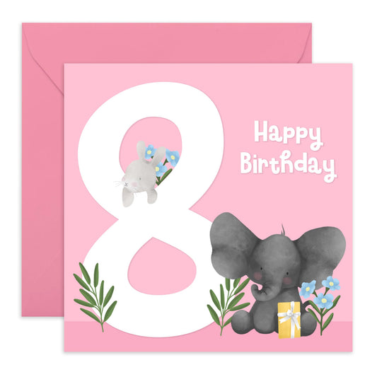 8th Birthday Card For Girls - Cute Animals Elephant - Birthday Card For Kids - Eighth Year Old Gifts For Toddler Niece Granddaughter - Comes With Fun Stickers And Envelope - By Central 23