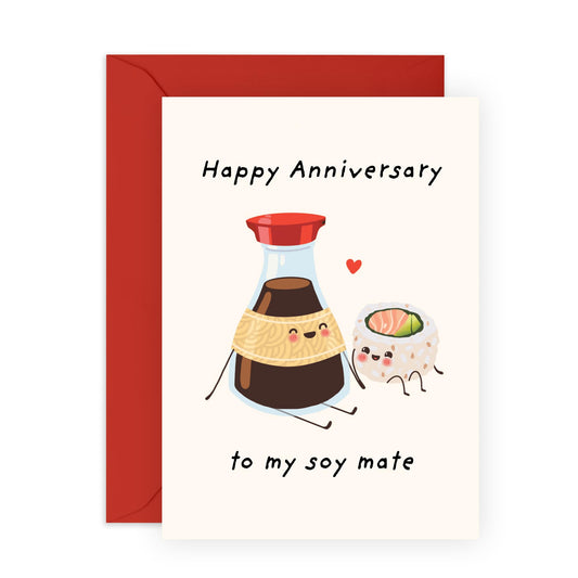 Cute Anniversary Card For Him Her - 'Soy Mate' - Gifts for Babe, Girlfriend, Boyfriend, Husband, Wife, Spouse - Sushi and Soy Sauce - Comes with Fun Stickers