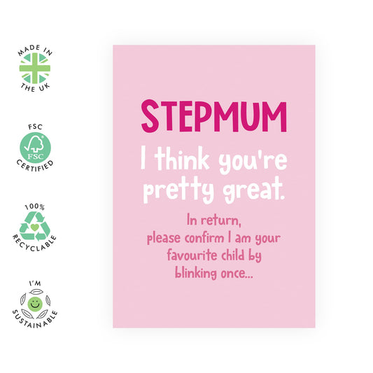 Appreciation Birthday Card - 'Stepmum Blink To Confirm' - Gifts for Mam, Mummy, Mother, Ma, Mama - Favourite Child - Comes with Fun Stickers