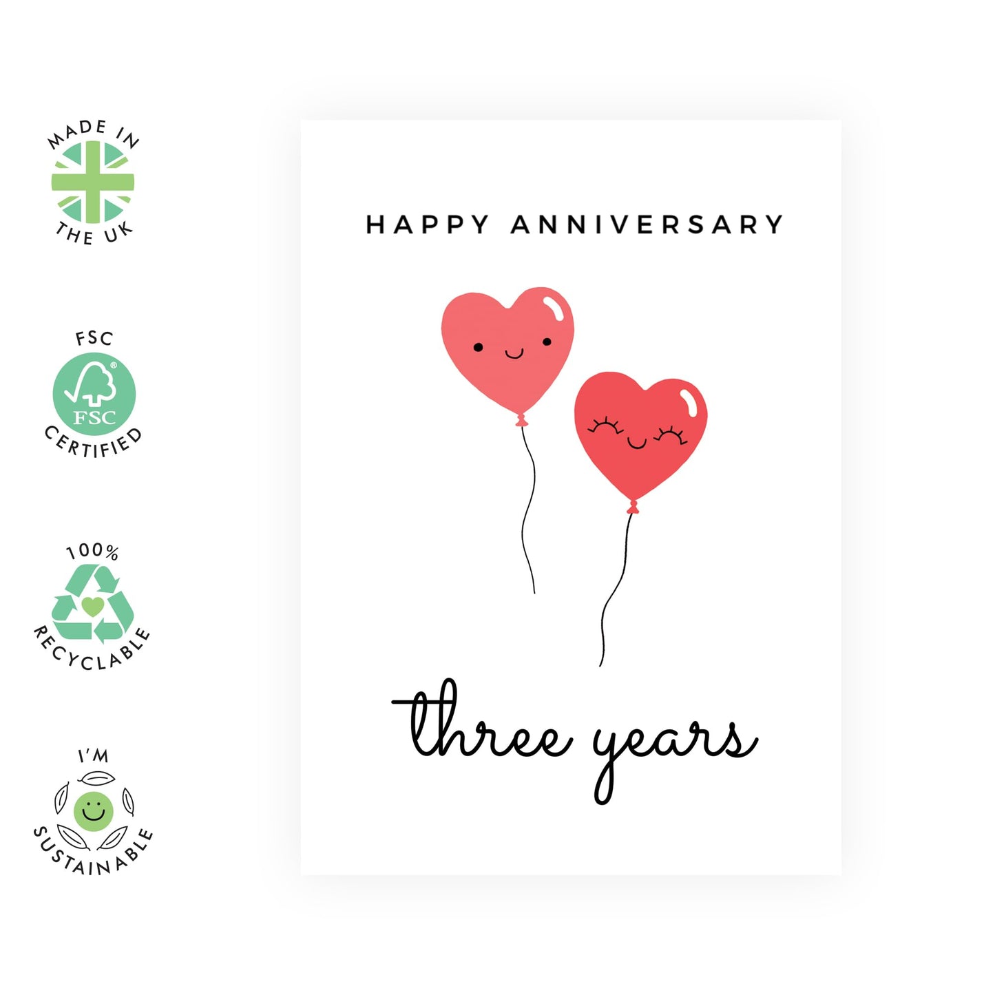 Cute 3rd Anniversary Card for Her or Him - 'Heart Balloon 3' - Gifts for Girlfriend, Boyfriend, Husband, Wife, Spouse, Babe, Lovebug, Darling, Hun, Other Half - Third - Comes with Fun Stickers