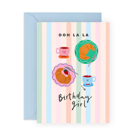 French-Themed Birthday Card for Her – “ Ooh La La ” – Gift for Girlfriend, Sister, Auntie, Mum, Niece, Friends, Besties, BFF, Wife, Colleagues - Cute Croissant & Coffee - Comes with Fun Stickers