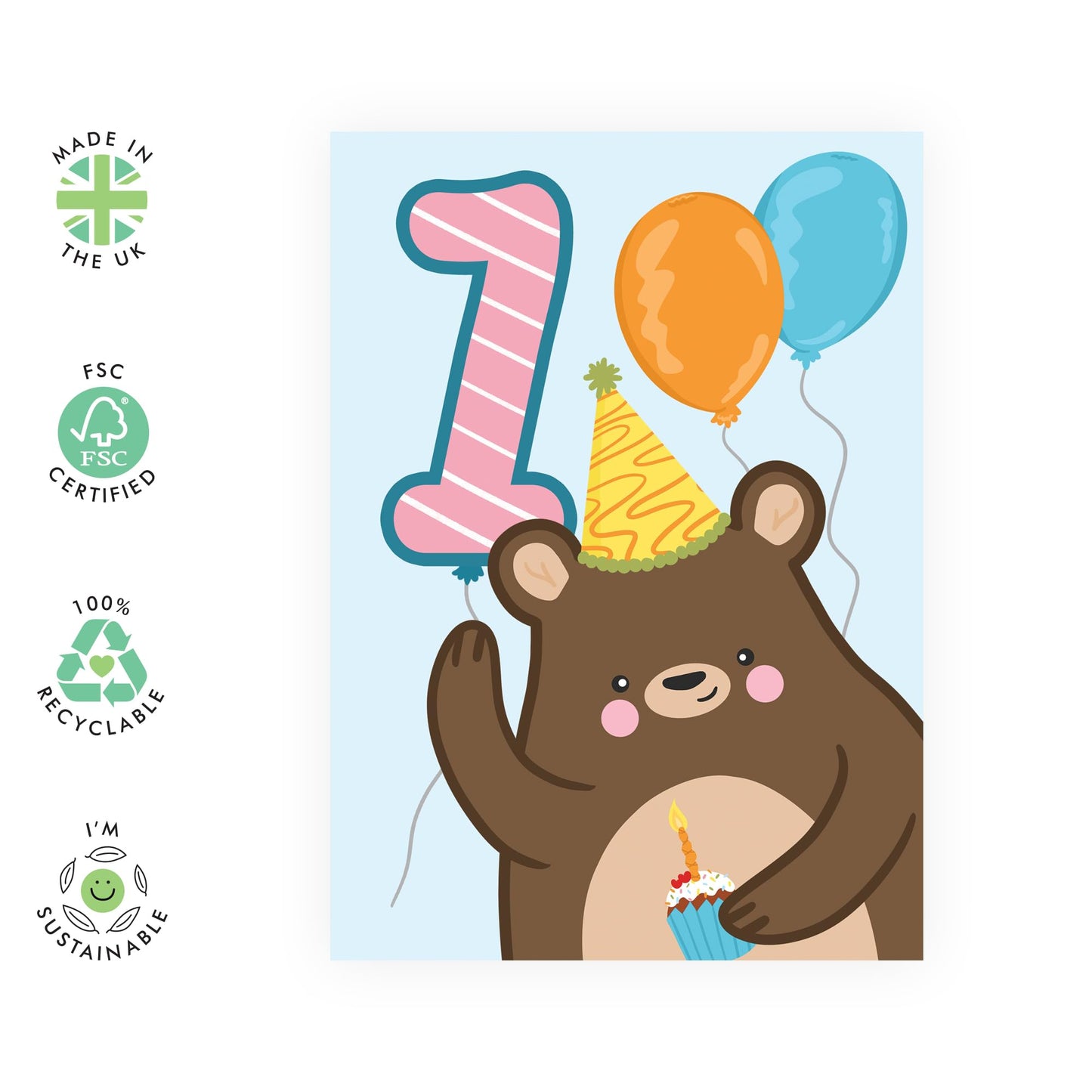 1st Birthday Card Boys Girls - Birthday Bear Age 1 - Baby Milestone Cards Age One - First Birthday Cards - Animal - Gifts For Son Daughter Niece Nephew - Comes With Sticker By Central 23