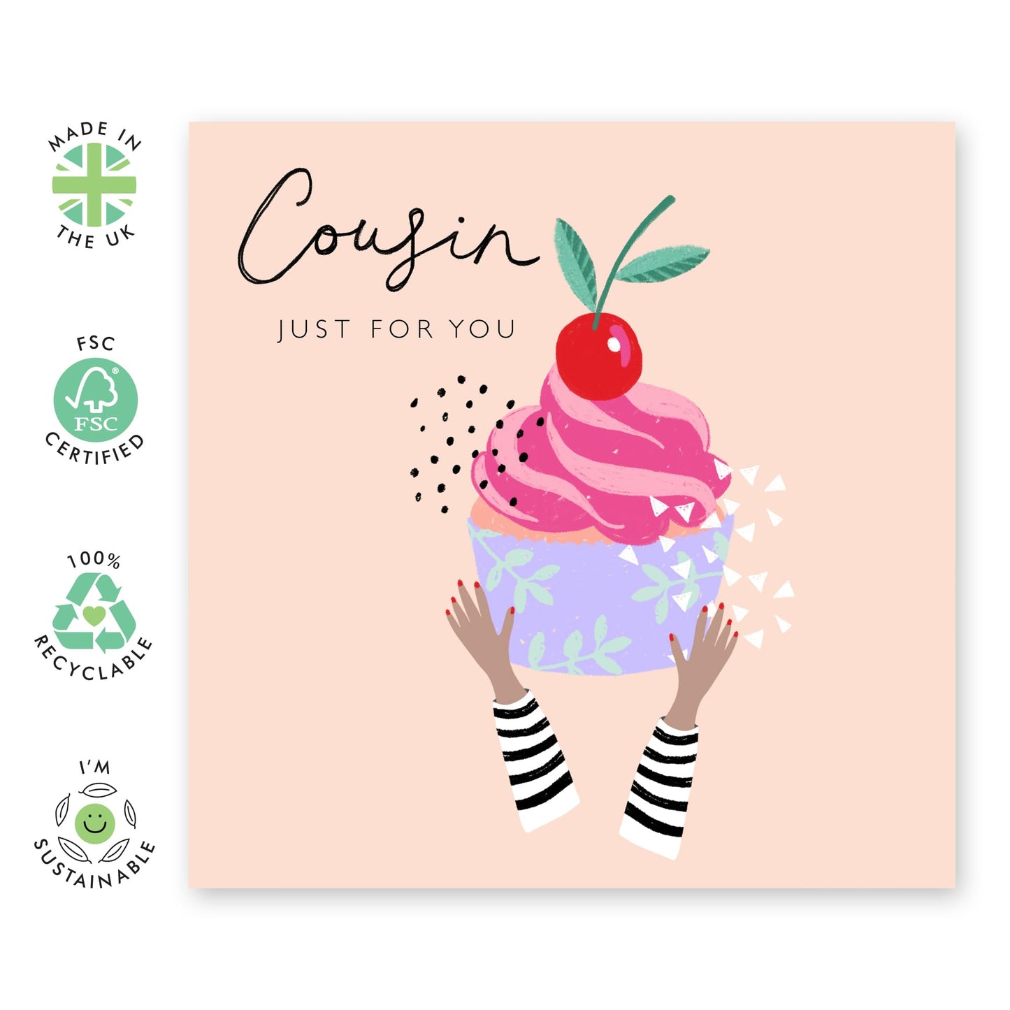 Greeting Cards For Cousin - Just For You Cupcake - Happy Birthday Greeting Cards And Envelopes For Her Ladies Female - Gifts For Women - Comes With Fun Stickers - By Central 23