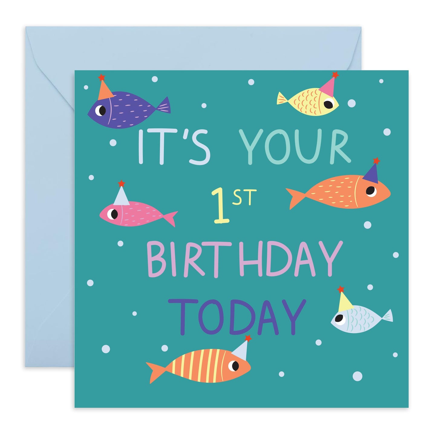 First Birthday Card For Boys Girls - Childrens Fish Age 1 - One Year Old Baby - Happy 1st Birthday Greeting Card For Kid - Son Daughter - Fish Birthday Card Toddler - Comes With Stickers By Central 23