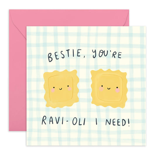 Pasta Friends Greeting Card - 'Ravioli Bestie' Greetings for BFF, Besties, Best Friend, Gals, Close Friends, Girlfriend - Cute Message - Comes with Fun Stickers