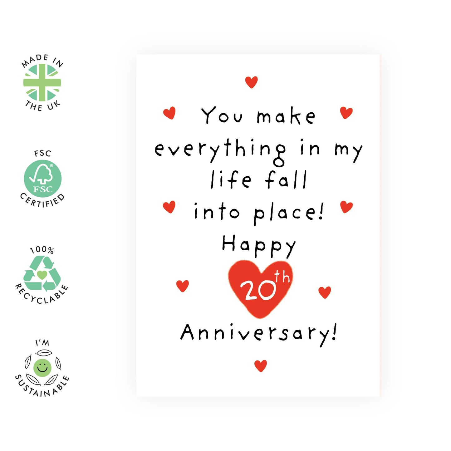 20 Years Anniversary Card Hearts - 'Fall Into Place 20th Anni' - Gifts for Wife, Husband, Spouse, Partner, Other Half, Babe - Red & Romantic - Comes with Fun Stickers