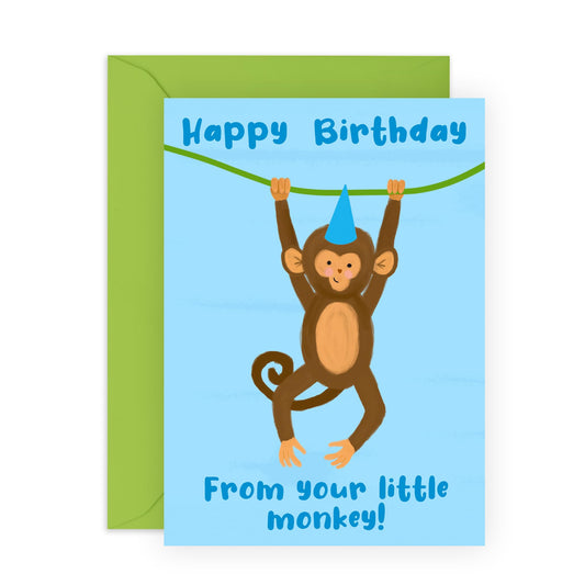 Cute Monkey Birthday Card - 'Little Mokey' - Birthday Cards for Mum, Dad, Parents from Kids, Children - Monkey In A Hat - Comes with Fun Stickers