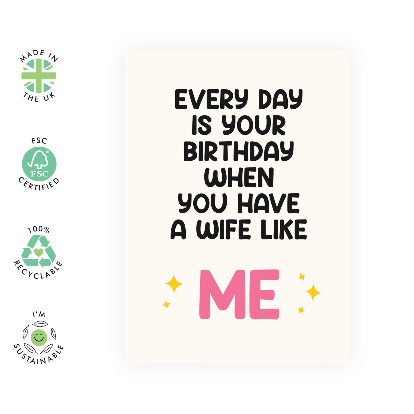 Funny Birthday Card for Husband - "Every Day is Your Birthday When You Have a Wife Like Me" - Humorous Romantic Greeting for Him, Spouse, Babe, Darling, Partner - Blank Inside