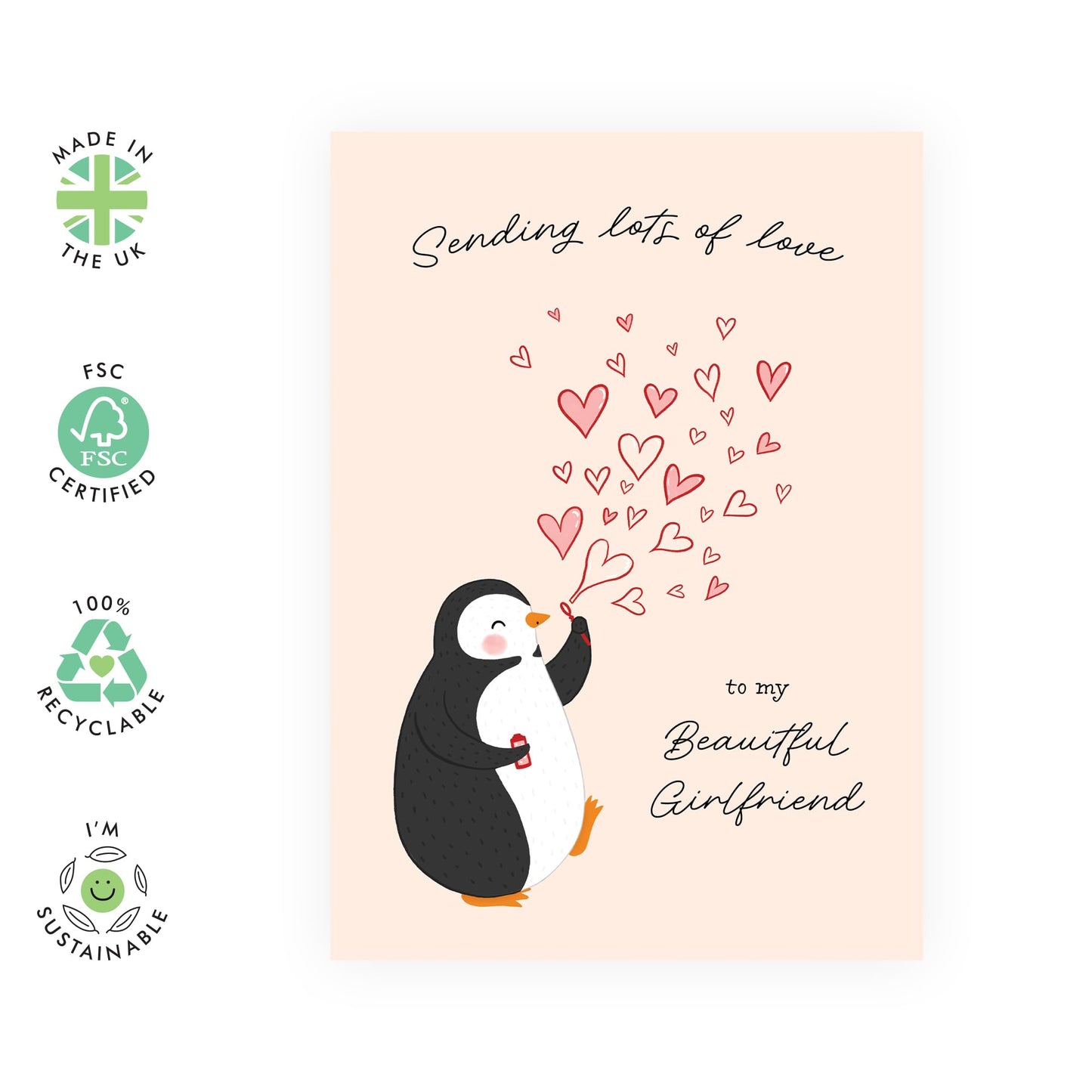 Cute Penguin Girlfriend Love Card – Sending Lots of Love - Romantic Greeting Card for Her, Babe, Women, Ladies, Couples, Partner - Anniversary, Birthday, Valentines Day - Comes with Stickers