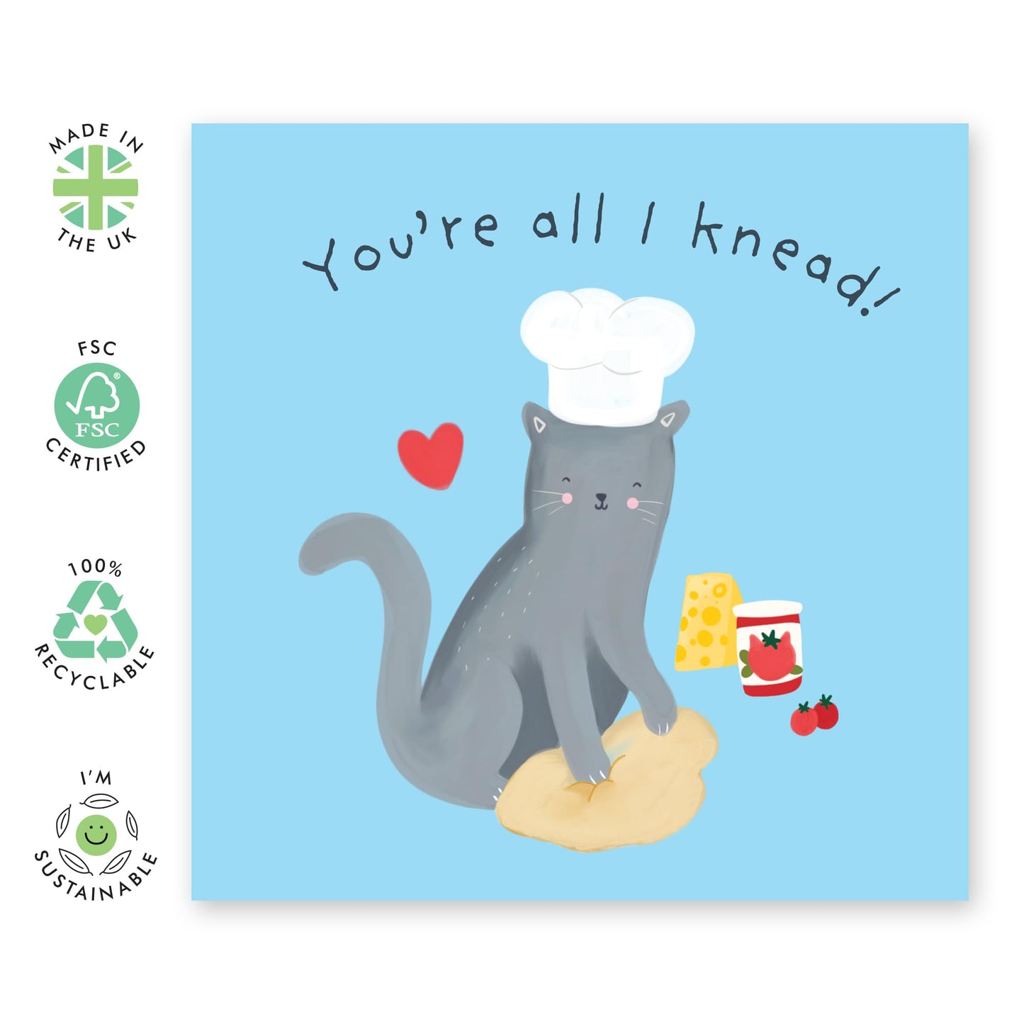 Cat Birthday Card - You're All I Knead Chef Cat - Cute Anniversary Cards For Husband Wife Boyfriend Girlfriend - Love Gifts For Him - Valentine Cards For Her - Comes With Stickers - By Central 23