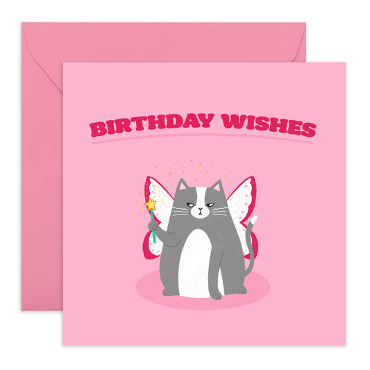 Funny Birthday Cards For Women - Grumpy Fairy Cat - Cheeky Cat Birthday Card For Girls - Fun Greeting Card Gifts For Cat Lovers - Comes With Stickers - By Central 23