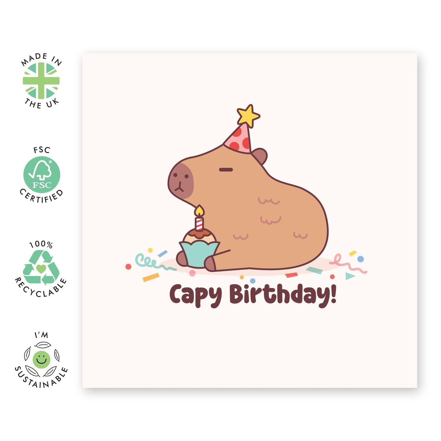 Cute Birthday Card - 'Capy Birthday Kawaii' - Gifts for Friends, Coworkers, Colleagues, Kids, Children - Cupcake and Candle - Comes with Fun Stickers