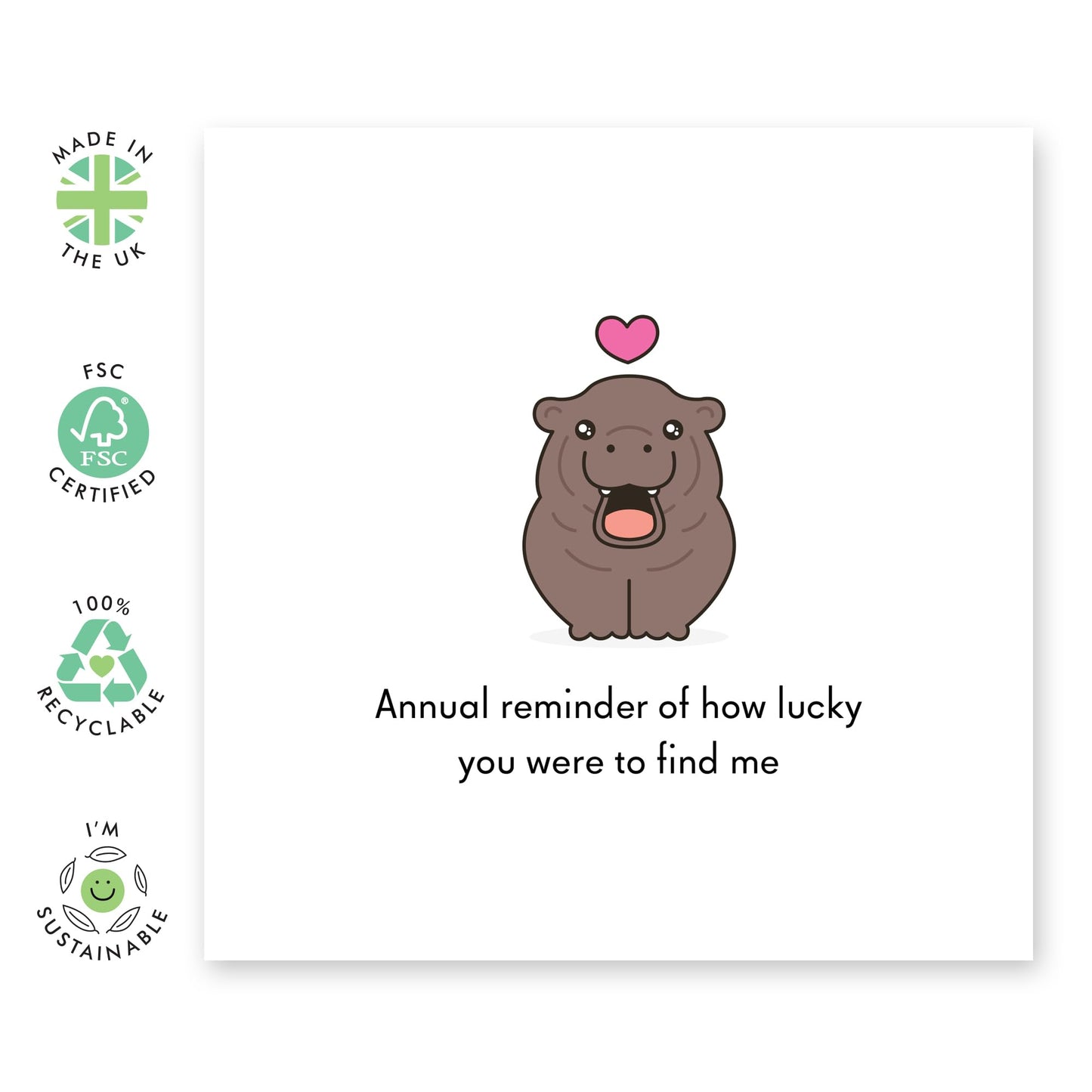 Cute and Funny Anniversary Card - 'Annual Reminder Hippo' - Gifts for Wife, Husband, Spouse, Other Half, Babe, Darling - Lucky Find - Comes with Fun Stickers