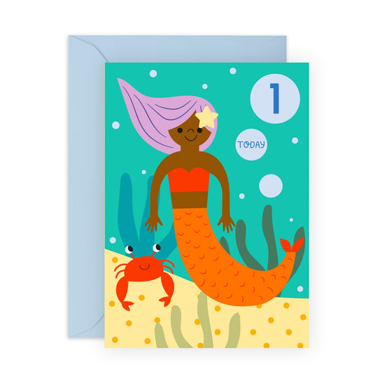 Birthday Cards For Daughter - Childrens Mermaid Age 1 - Happy 1st Birthday Card Niece - Cousin Birthday Card Female - One Year Old Girl Birthday Card Toddlers - Comes With Stickers By Central 23