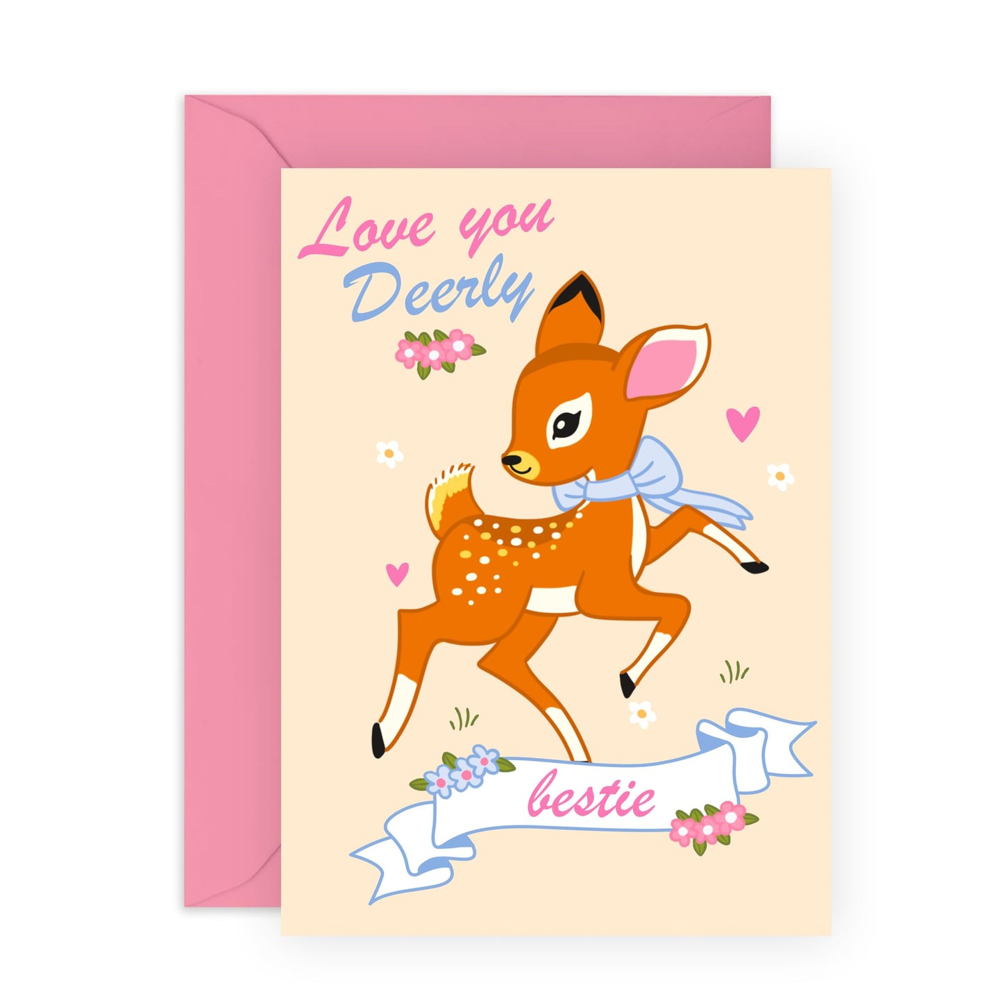 Cute Best Friend Card – "Love You Deerly Bestie" – Presents for BFF, Girlfriend, Her, Women, Girls, Ladies, Sister - Adorable Deer Design for Birthday, Galentine’s - Comes with Fun Stickers