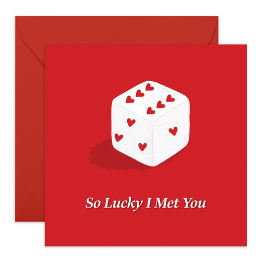 Love Card for Her or Him – Romantic Greetings “So Lucky I Met You” - Gifts for Wife, Husband, Spouse, Partner, Him, Her, Babe - Dice Heart Design Valentines Day -Comes with Stickers