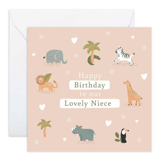 Birthday Card with Cute Safari Animals - 'Safari HB Niece' - Gifts for Girls, Toddlers, From Uncle, Auntie, Family, Relatives - Animals - Comes with Fun Stickers