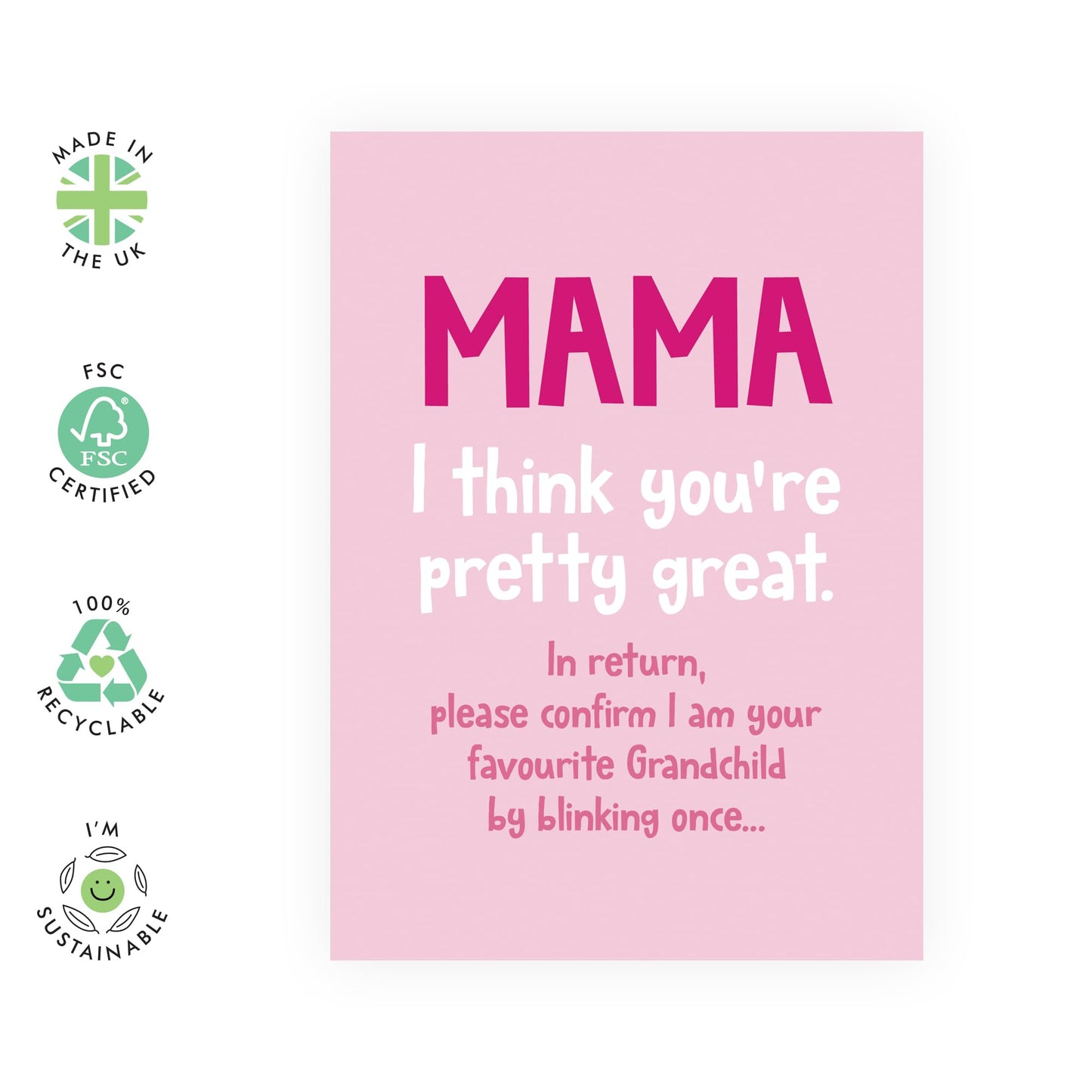 Pink Birthday Card for Great Mothers - 'Mama Blink To Confirm' - Gifts for Mum, Mummy, Mam, Mama, Mammy from Son or Daughter - Favouritism - Comes with Fun Stickers