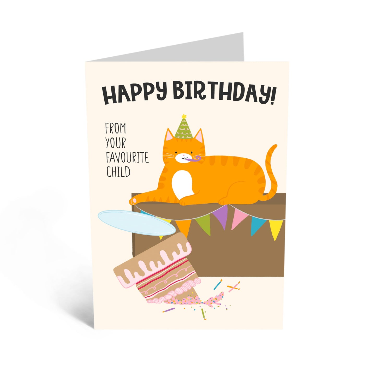 Funny & Cute Birthday Card Cat - 'Birthday Favourite Child' - Gifts for Mum, Dad, Mother, Father, From Son or Daughter - Wasted Cake - Comes with Fun Stickers