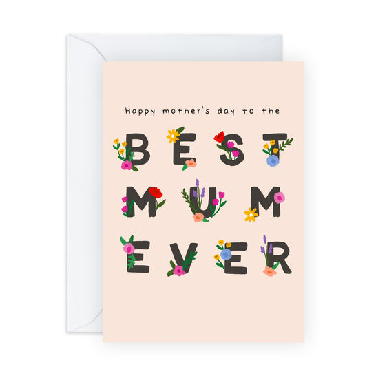 Mum's Mother’s Day Card – Beautiful Floral Lettering – Thoughtful Card for Mummy, Mama, Ma, Her, Wife, Partner, Sister, Grandma, Nan, from Son, Daughter, Husband, Grandchildren - Comes with Stickers