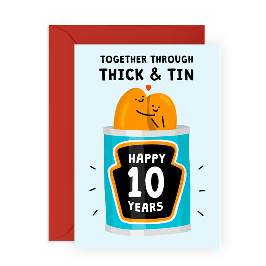 Cute 10th Anniversary Card for Her or Him - 'Thick and Tin 10 Years Beans' - Gifts for Wife, Husband, Spouse, Partner, Honey, Babe, - Canned Beans - Comes with Fun Stickers