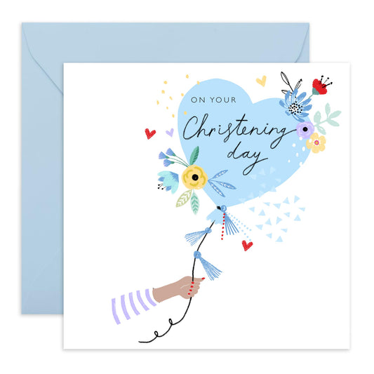 Baptismal Card For Baby Boy - Blue Christening Heart Balloon - Dedication Day Card Baby - Christening Card For Nephew - Baptism Grandson - Gift From Aunt Uncle - Comes With Fun Stickers By Central 23
