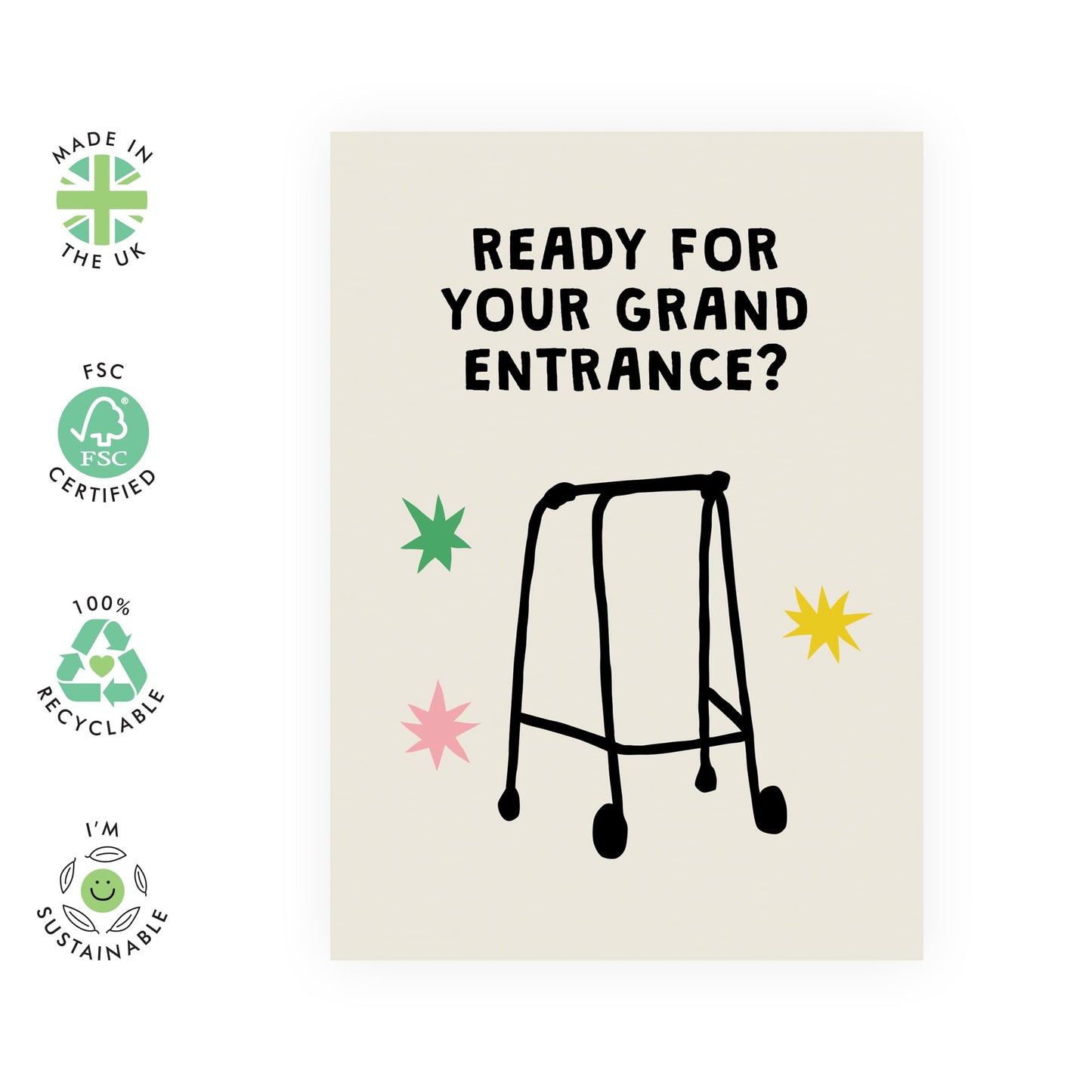 Funny Joke Birthday Card - 'Grand Entrance' - Presents for Uncle, Auntie, Relatives, Mates, Friends, Co-workers, Colleagues, Retirees, Seniors - Walker - Comes with Fun Stickers