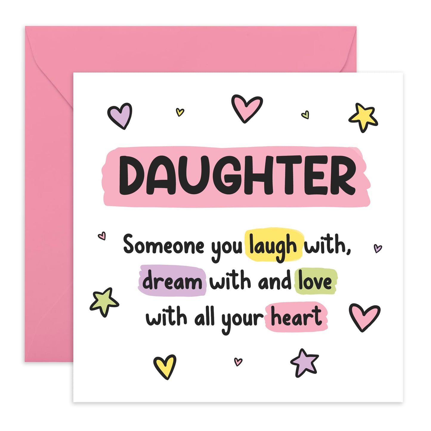 Loving Birthday Card - 'Daughter, Laughm Dream, Love' - Gifts for Girls, Children, Kids, From Mum and Dad - Sweet and Caring Message - Comes with Fun Stickers