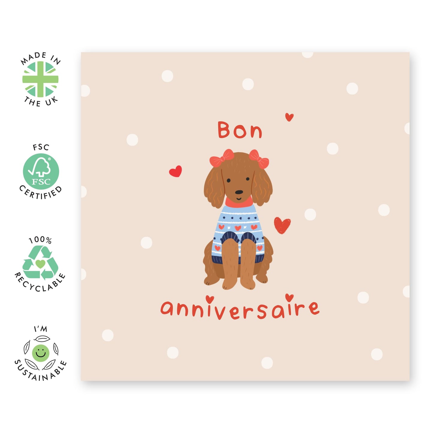 Birthday Card in French – "Bon Anniversaire" – Cute Sausage Dog in Jumper – Greeting Card Dachshund Lovers, Dog & Pet Owners, Fur Mum or Dad, Women, Men, Family, Friends - Comes with Fun Stickers