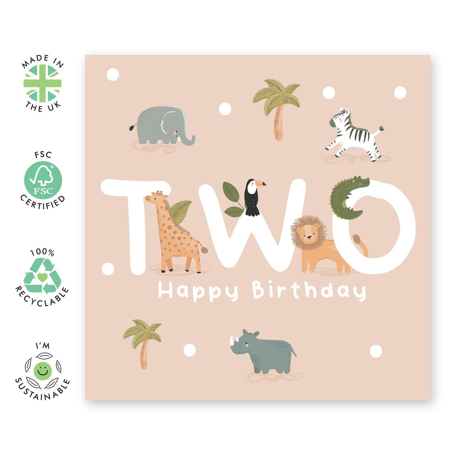 2nd Birthday Card with Cute Safari Animals - 'Safari Birthday Two' - Gifts for Boys, Sons, Girls, Daughter, Toddlers, Kids, Children, Family - Second - Comes with Fun Stickers