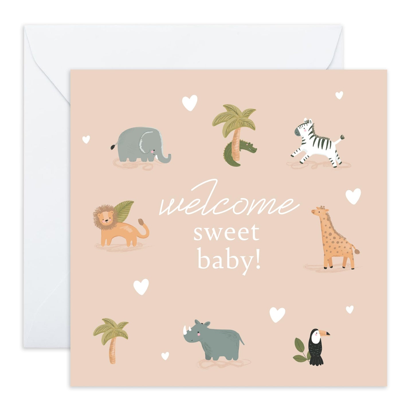 Birthday Card with Cute Safari Animals - 'Welcome Sweet Baby Safari' - Gifts for Boys, Sons, Girls, Daughter, Toddlers, Kids, Children, Family - Newborn - Comes with Fun Stickers