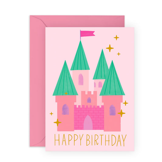 Princess Castle Birthday Card – Fairytale-Themed Greeting Card for Her, Kids, Girls, Daughter, Niece, Granddaughter, Fantasy Lovers, Children, Toddlers – Cute Pink – Comes with Fun Stickers
