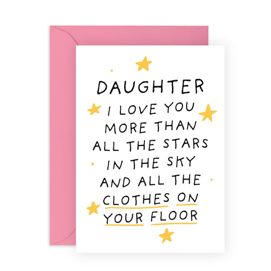 Funny Happy Birthday Card - 'Daughter Clothes On The Floor' - Gift for Daughter, Step Daughter, Children, Kids, Teenagers, Family - Sincerely Mum & Dad - Comes with Fun Stickers