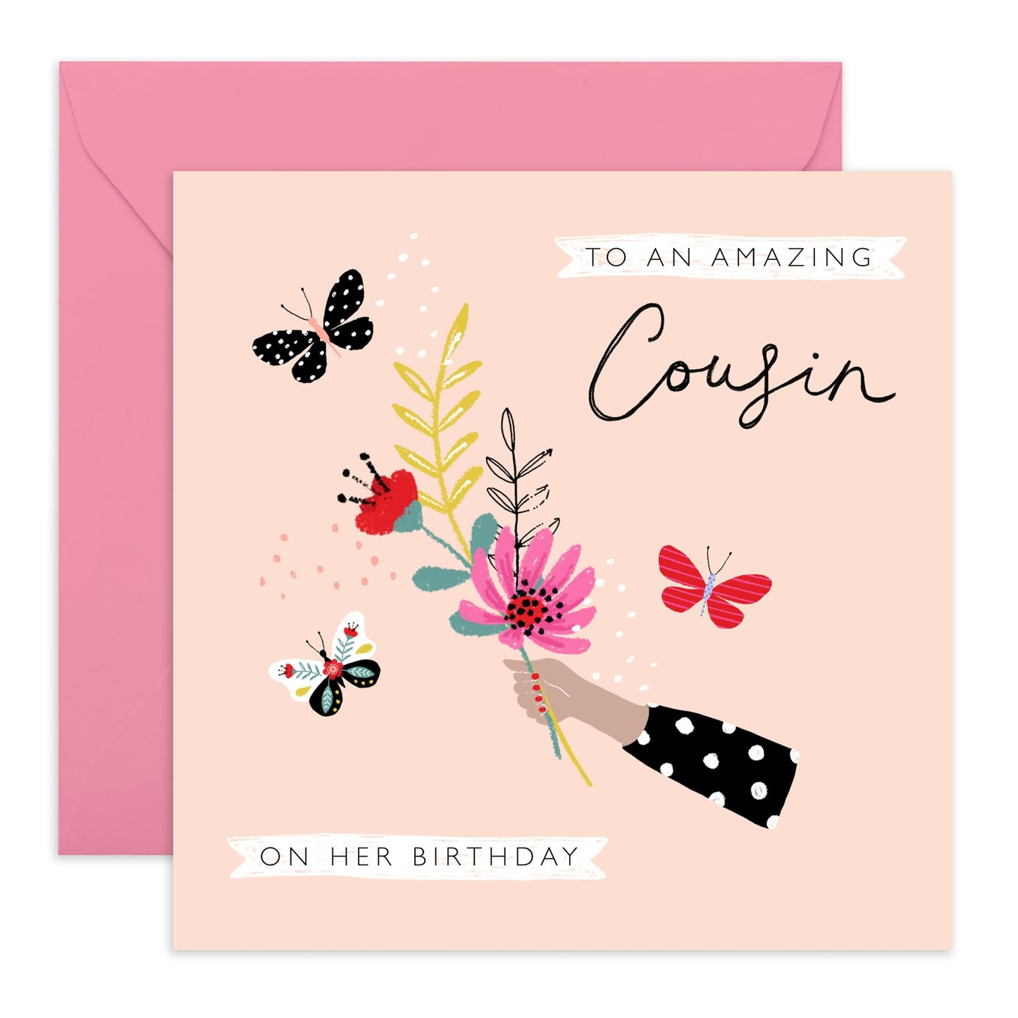 Cousin Birthday Cards For Women - Pretty Flowers And Butterflies - Floral Bouquet Birthday Greeting Cards For Ladies Girls Female - Gifts For Her - Comes With Fun Stickers - By Central 23