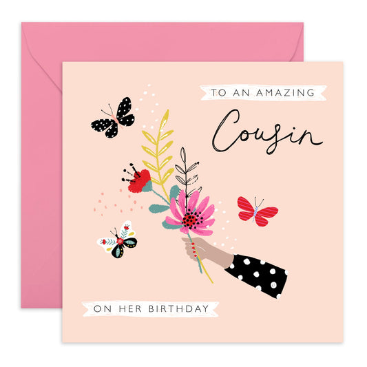 Cousin Birthday Cards For Women - Pretty Flowers And Butterflies - Floral Bouquet Birthday Greeting Cards For Ladies Girls Female - Gifts For Her - Comes With Fun Stickers - By Central 23