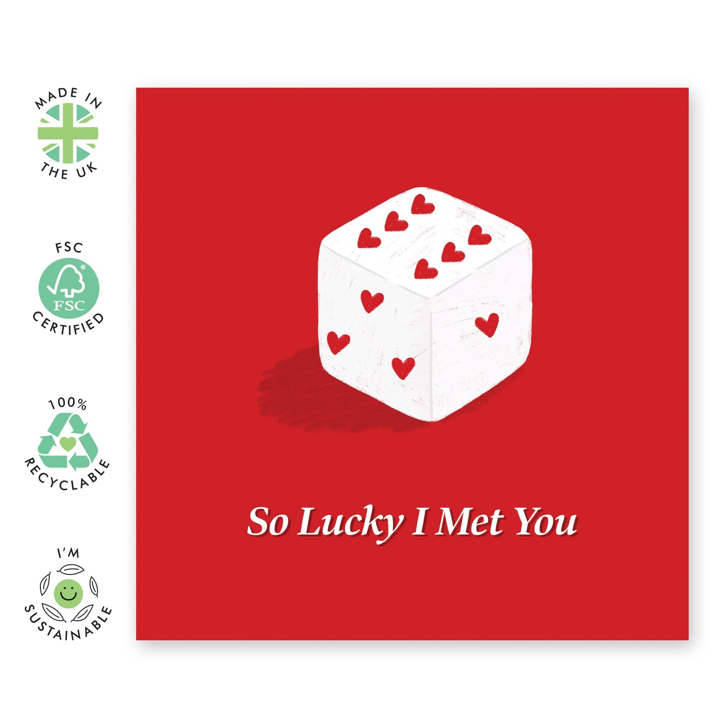 Love Card for Her or Him – Romantic Greetings “So Lucky I Met You” - Gifts for Wife, Husband, Spouse, Partner, Him, Her, Babe - Dice Heart Design Valentines Day -Comes with Stickers