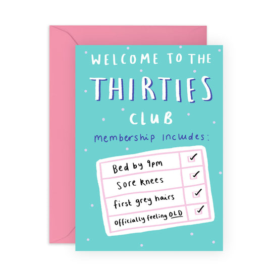 Funny 30th Birthday Card - 'Thirties Club' - Presents for Friend, Best Buddies, Mate, Colleagues, Bestie, Neighbours, Family, Relative, Cousin - Checklist - Comes with Fun Stickers