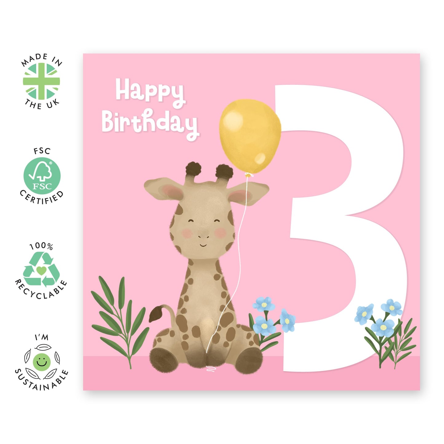 3rd Birthday Card Girl - Happy Third Birthday Card For Kids - Baby Milestone Age Three - Cute Animals Elephant Third Bday - Gifts For Niece Granddaughter - Comes With Fun Stickers - By Central 23