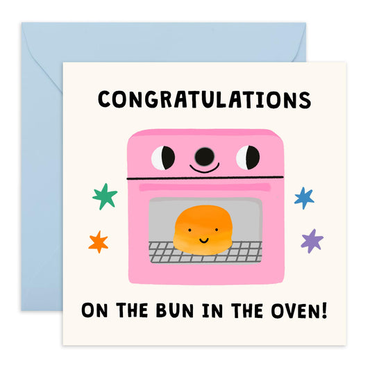Creative and Cute Pregnancy Congratulations Card – 'Bun in the Oven' – Gifts for Expecting Parents, Mum, Dad, Friends, Brother, Sister – Includes Blue Envelope