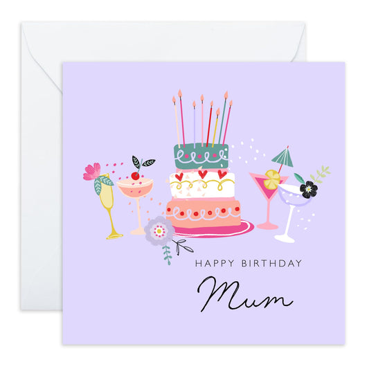 Birthday Card For Mummy - Happy Birthday Lilac Cake Mum - Greeting Card For Mum - Birthday Card For Mother From Son Daughter - Pretty Greeting Card For Mom - Comes With Fun Stickers - By Central 23