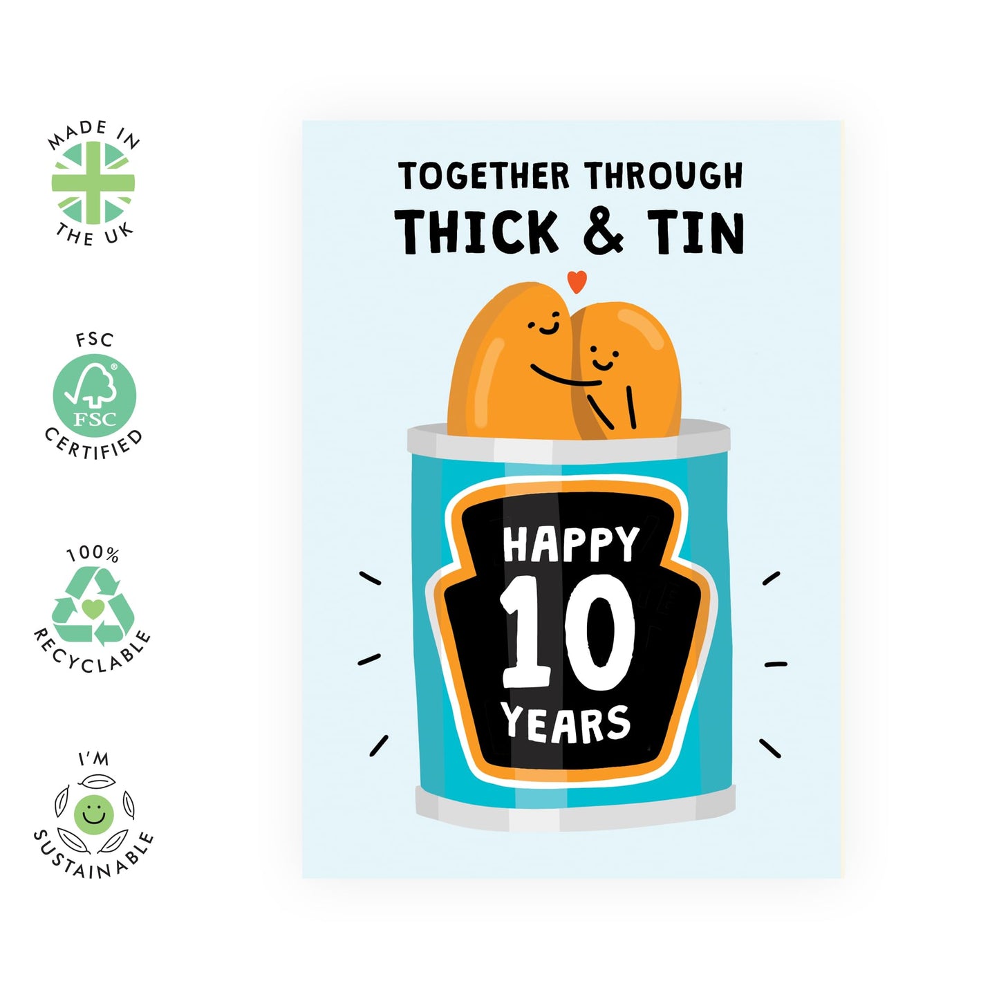 Cute 10th Anniversary Card for Her or Him - 'Thick and Tin 10 Years Beans' - Gifts for Wife, Husband, Spouse, Partner, Honey, Babe, - Canned Beans - Comes with Fun Stickers
