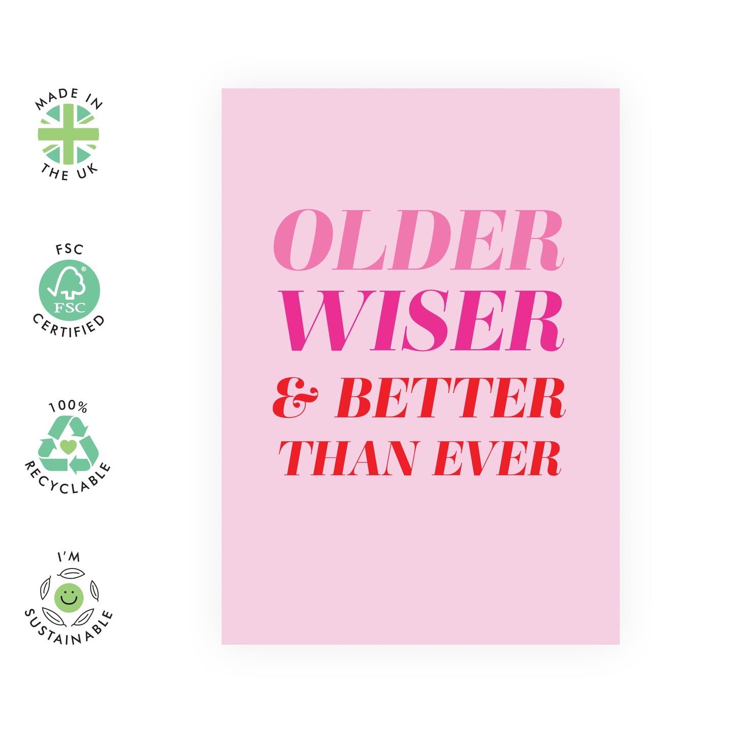 Thoughtful Birthday Card - 'Older Wiser Pink' - Gifts for Friends, Family, Co-worker, Colleagues, Bestie, Girls, Ladies, Gals, Neighbours, BFF, Her - Age is a Blessing - Comes with Fun Stickers