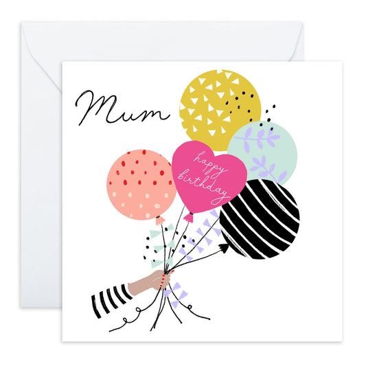 Birthday Card For Mum - Mum Patterned Balloons - Pretty Greeting Cards For Mum - Greeting Cards For Mummy - Birthday Card For Mother From Son Daughter - Comes With Fun Stickers - By Central 23