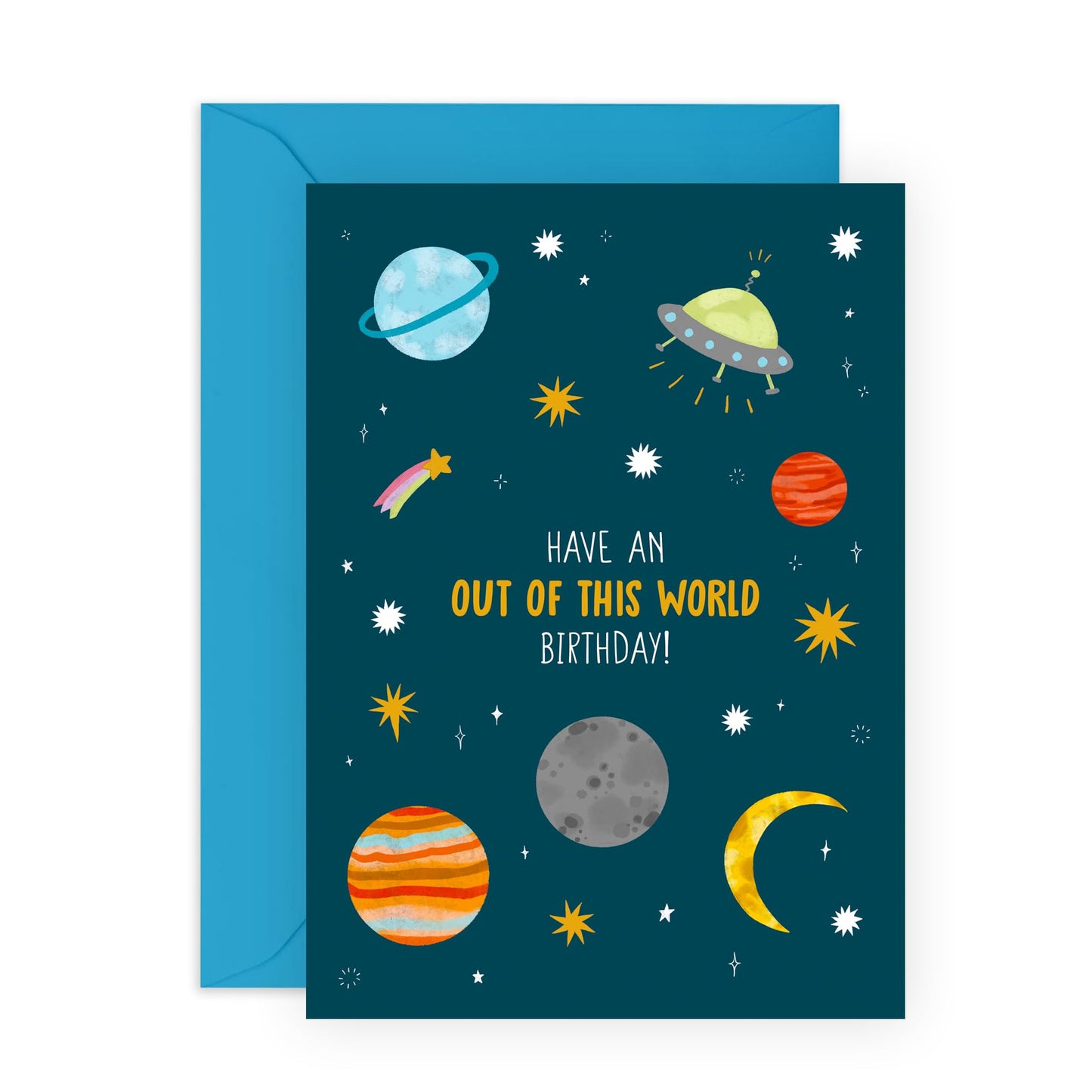 Space Birthday Card - 'Out Of This World Birthday Space' - Gifts for Him, Boys, Men, Friends, Nephew, Brother - Planets & UFO - Comes with Fun Stickers